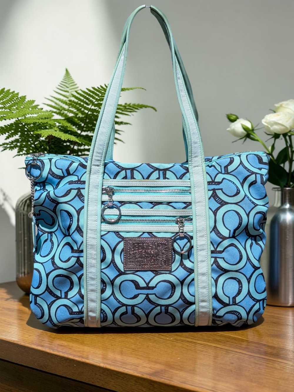 Coach Poppy Y2K 3D Op Art Glam Blue Mint Tote Bag (C1026-14983)